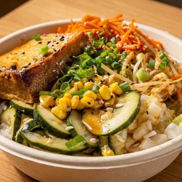 A colorful bowl of food with tofu, cucumbers, corn, shredded carrots, and bean sprouts.
