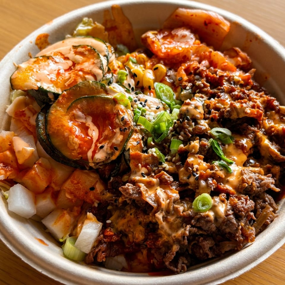 Loaded Korean-inspired rice bowl topped with spicy beef, roasted vegetables, sesame seeds, scallions, and creamy sauce.